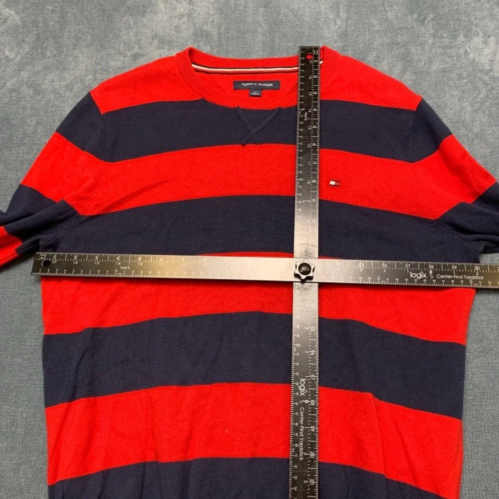 Tommy Hilfiger Sweater Mens Small Navy Blue Red Striped Cotton Tight Knit Winter